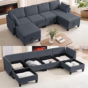 Mjkone U Shaped Sectional Sofa, Convertible Sectional Couch, Linen 4-Seat Modern U-Shaped Sofa Set with Storage Ottomans, 280cm Couches Furniture for Living Room, Apartment, Small Space - Dark Grey