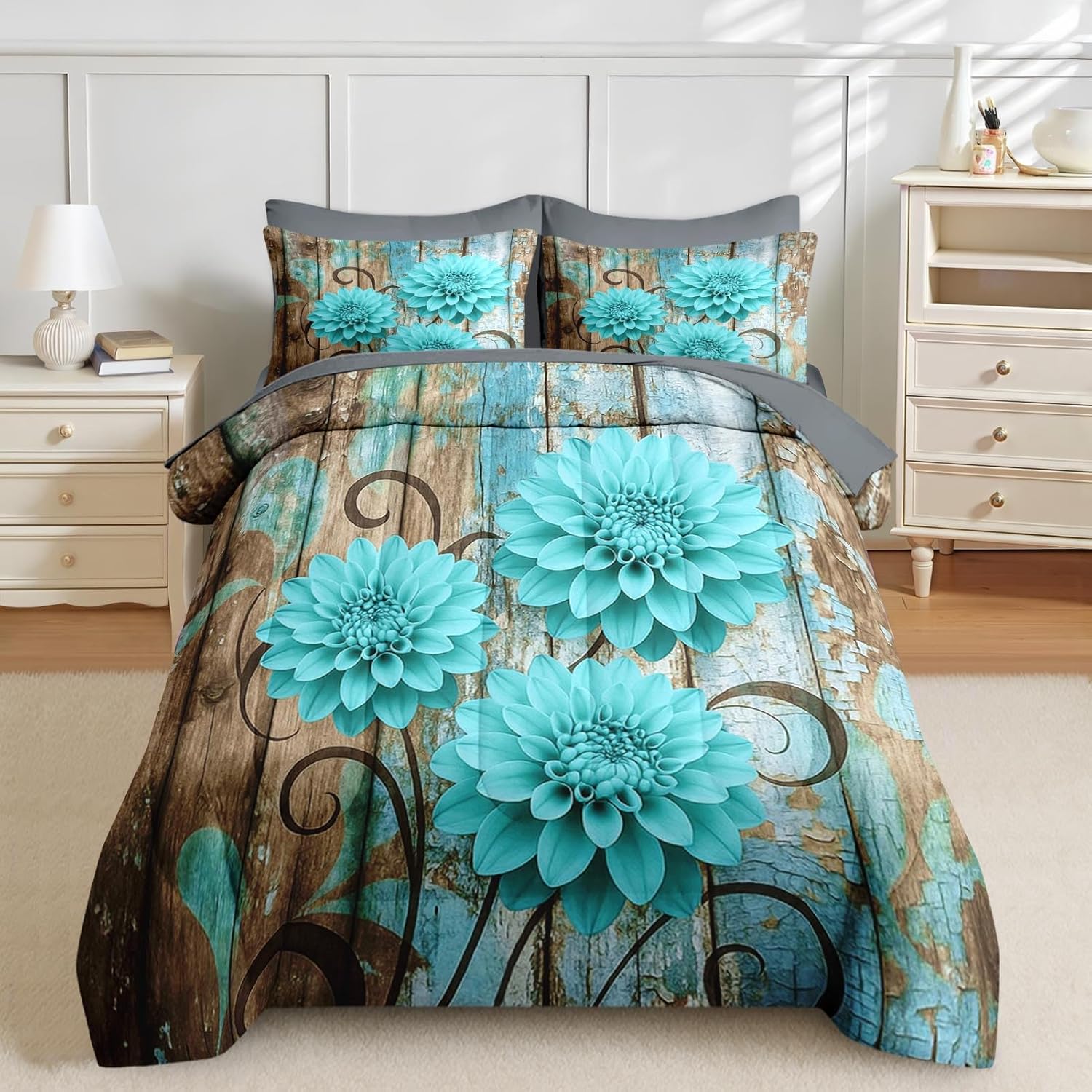 Nesker Comforter Set Queen Size, Teal Farmhouse Dahlia 7 Pcs Bedding for Kids and Adults, Rustic Flower Abstract Leaves Bed Sheet Sets with Fitted Sheet 2 Pillowcases & 2 Shams