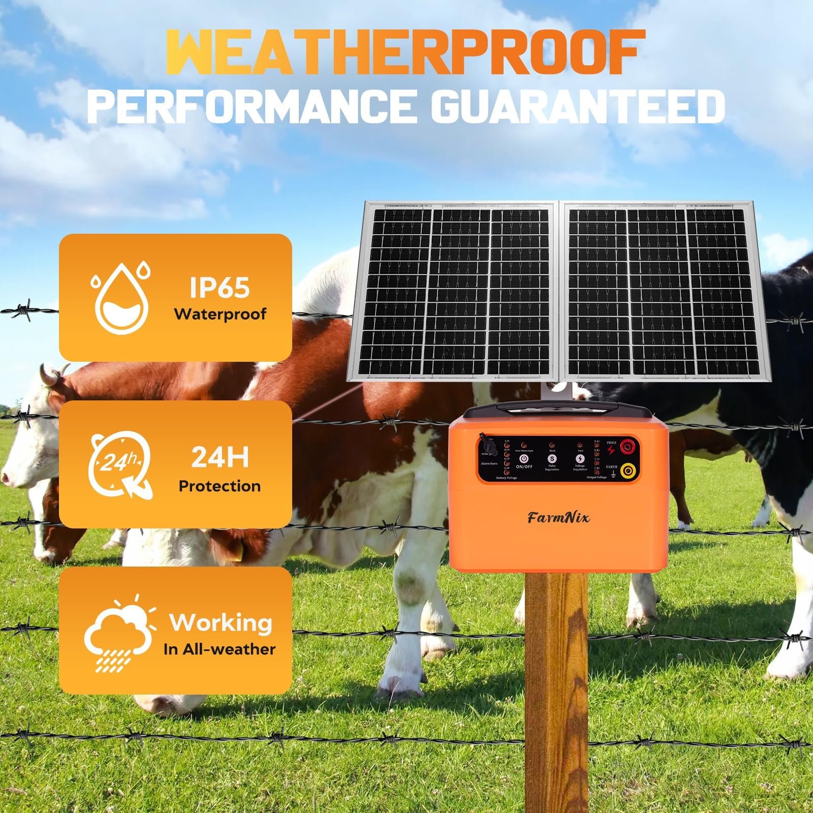48KM Clôture Électrique Solaire, 0.3-1.5J, 6-12KV Réglable ClôTure éLectrique Pour Animaux avec Panneau Solaire de 15W, 12V 7Ah batterie plomb-acide, pour berger, pour ferme, pâturage, jardin