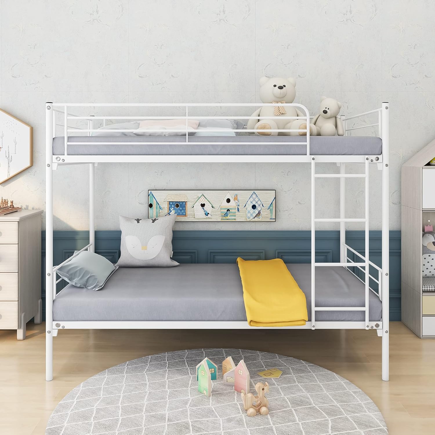 Twin Over Twin Bunk Bed , bunk Bed Twin Over Twin,Removable Ladder & Safety Guard Rail, Metal Twin Bed Frame - White.