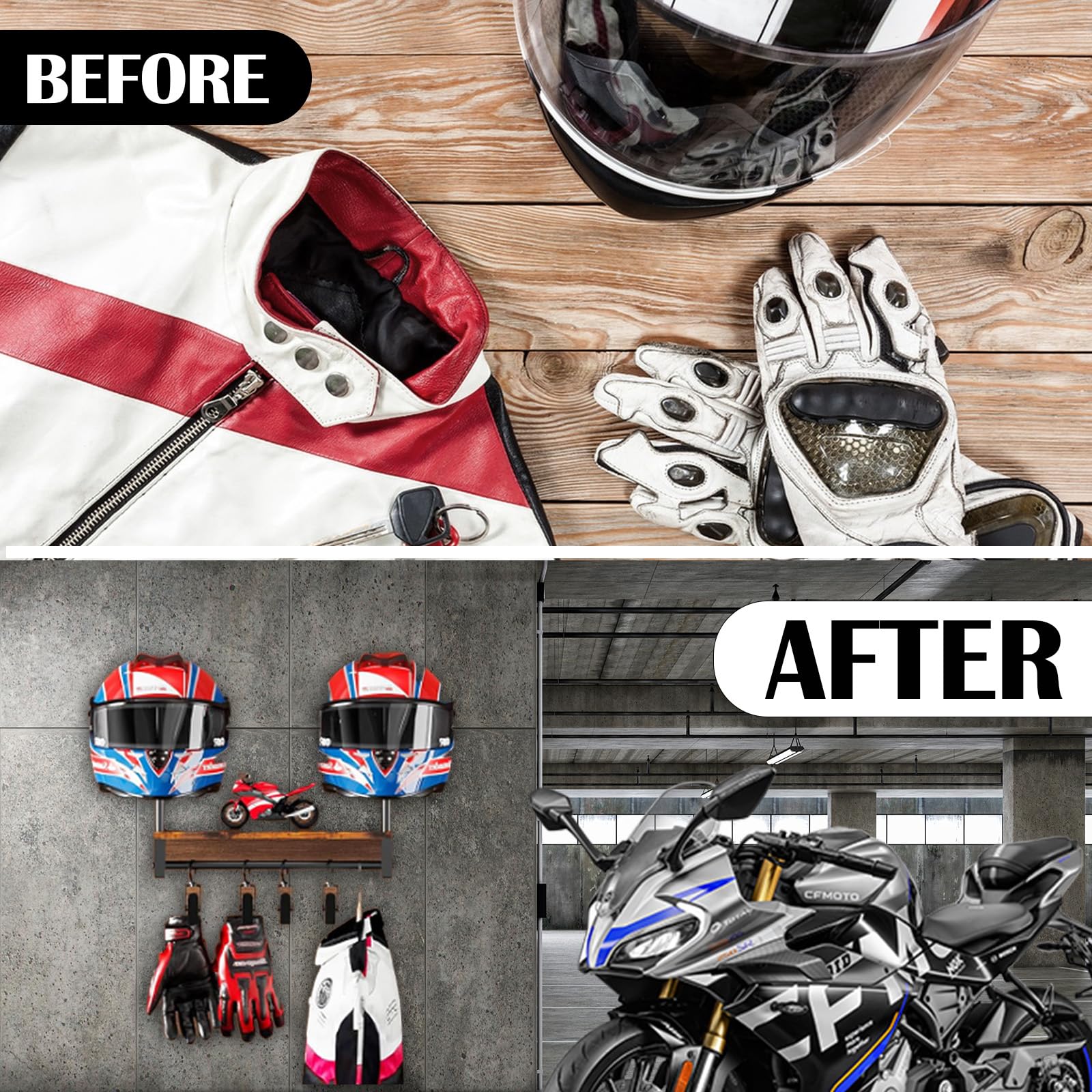 Porta Casco Moto da Parete, Appendi Casco Moto da Parete Supporto per Casco da Baseball per 2 Caschi Porta Cappello Espositore Porta Casco con 4 Clip per Appendere Guanti per Abbigliamento Moto