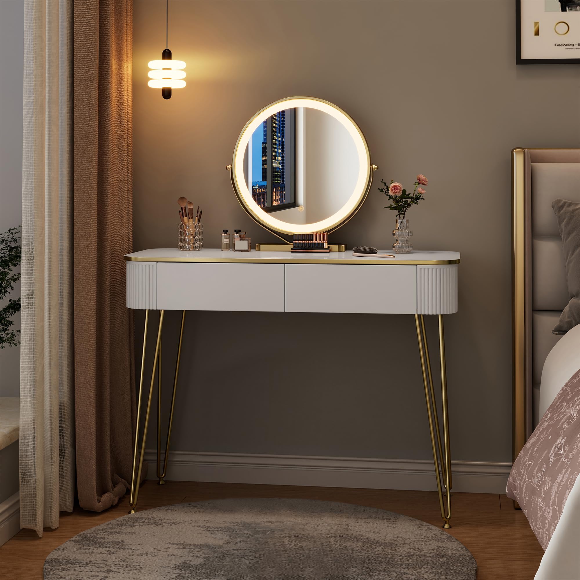 EUGAD Toeletta da Trucco con Luci LED, Luminosità Regolabile, Postazione Trucco con Specchio, 2 Cassetti in Legno, Piano Lucido 100x40 cm, Moderno, Bianco + Oro