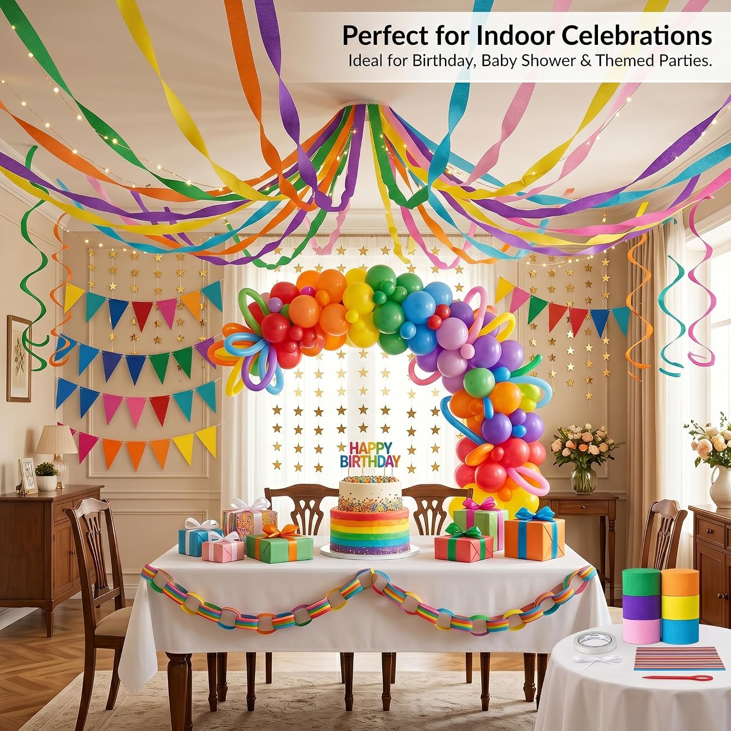 Rainbow Birthday Party Decorations Kit,300 Pcs Sheets Paper Chain Strips Gold Star Garland, bunting banners and 10" Pastel Balloons for DIY Crafts Birthday Wedding Party