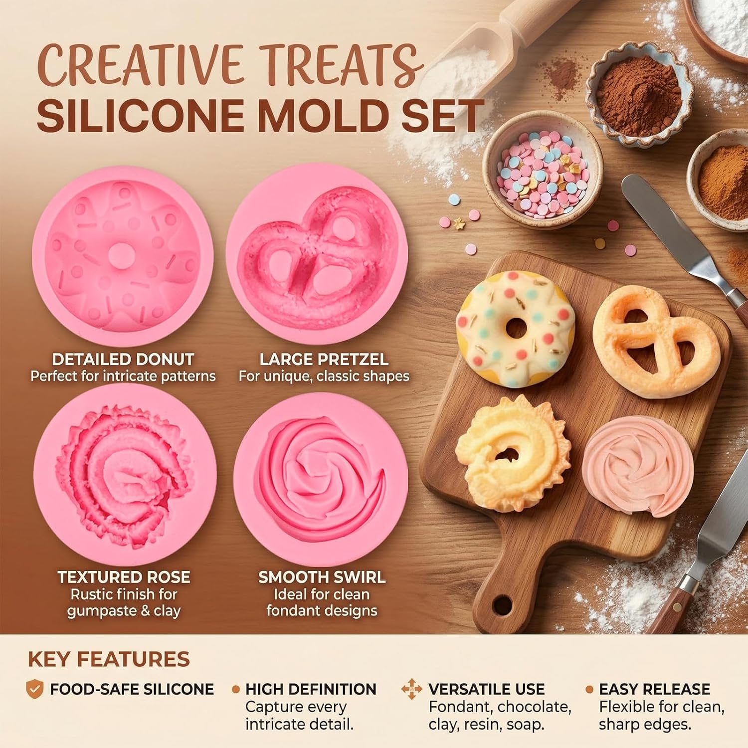 4 Pcs Donut Fondant Molds 4Pcs Cookie Silicone Molds