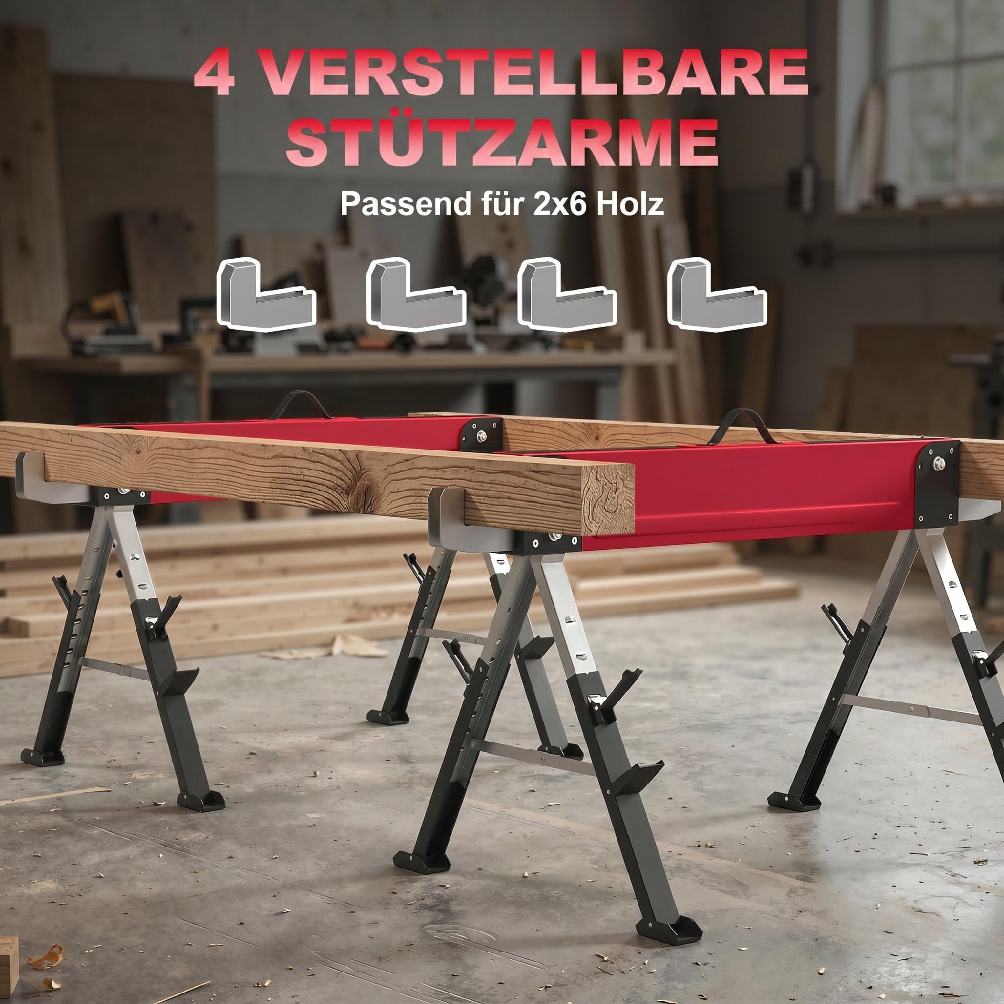 HOMCOM Arbeitsbock Gerüstbock 2er Set Höhenverstellbar 64-81 cm Rot | Belastbarkeit Bis 1160 kg, Klappbar, Sägebock, Metall, Unterstellbock Mit Griff, 7-Fach, Arbeitshöhe 640-810 mm