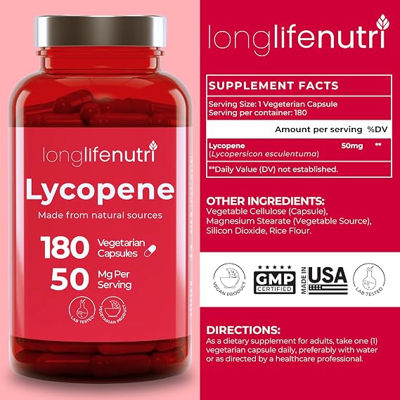 Lycopene 50mg 180 Vegetarian Capsules | Supplement Health | Natural Tomato Extract Non-GMO | Pure Powder