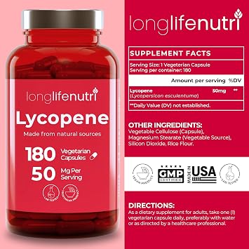 Lycopene 50mg 180 Vegetarian Capsules | Supplement Health | Natural Tomato Extract Non-GMO | Pure Powder