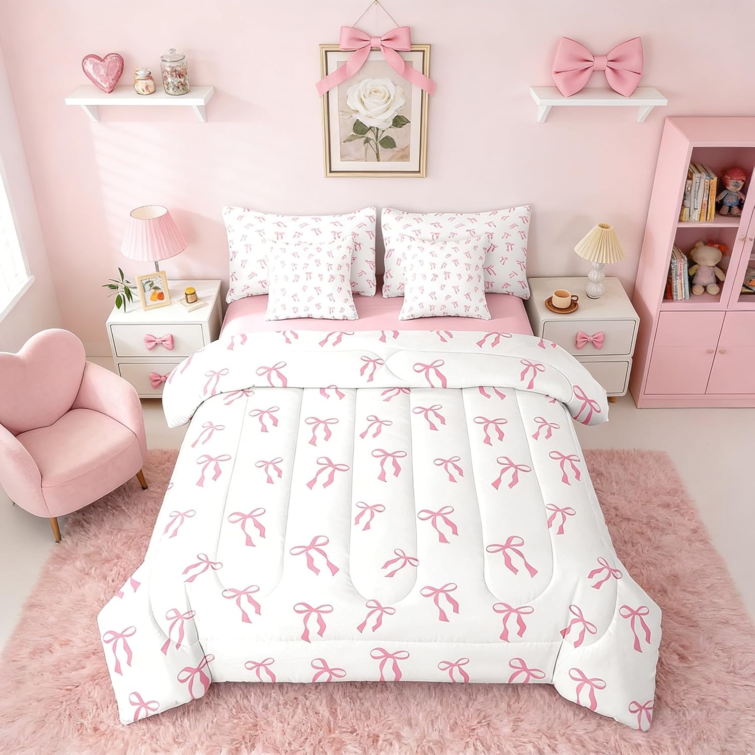 Erosebridal Cute Bowknot Kids Bedding Sets Pink Bow Princess Full Comforter Set Watercolor Bow Knot(Comforter+Fitted+Flat Sheet+2 Pillowcases+2 Throw Pillow Covers) 7 Pieces Pink White Bed Set