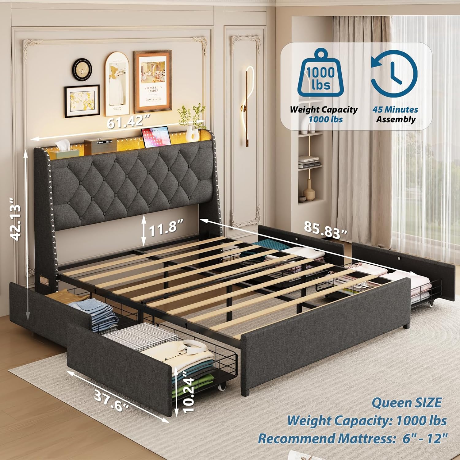 Queen Bed Frame with 4 Storage Drawers, LED Bed Frame with Charging Station, Linen Button Upholstered Headboard, Wood Slats Support Noise-Free, No Box Spring Needed, Dark Grey