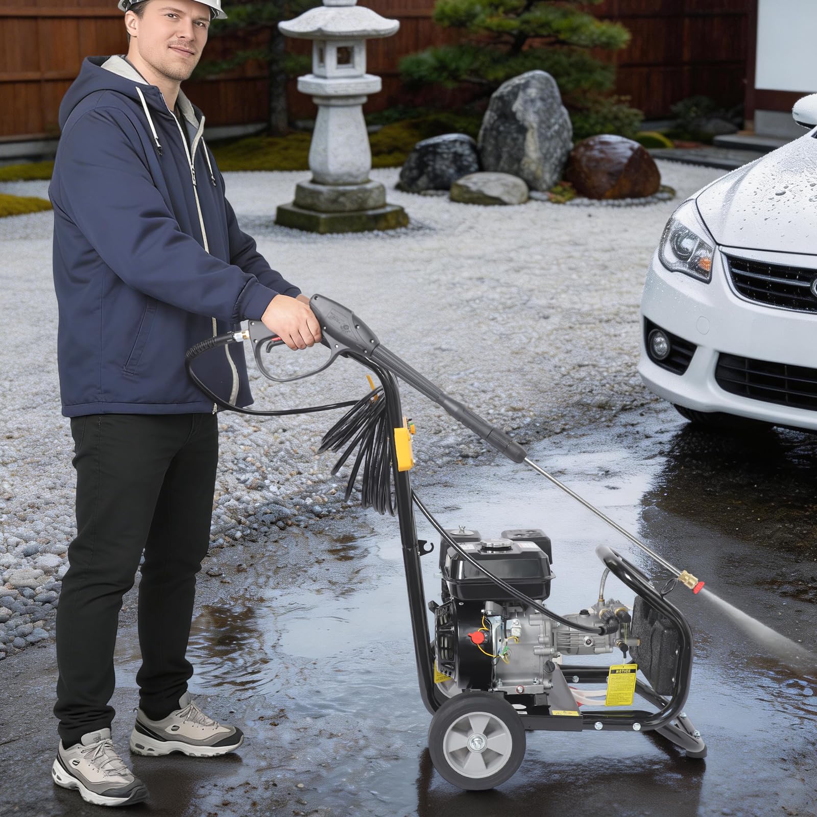 Limpiador de alta presión de gasolina 7,5 CV – 180 bar, 9 l/min, 5 boquillas | Motor de 7,5 CV, presión de 180 bares, caudal de 9 l/min, manguera de 8 m para suelos, plantas, vehículos