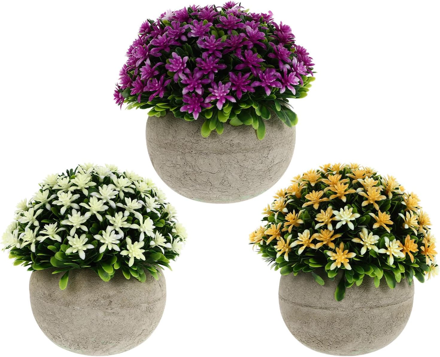 3pcs Biodegradable Pulp Mini Artificial Flower Bonsai Pots, Realistic Simulation Plant Decoration Set in Yellow, Purple, and White for Home and Office Décor