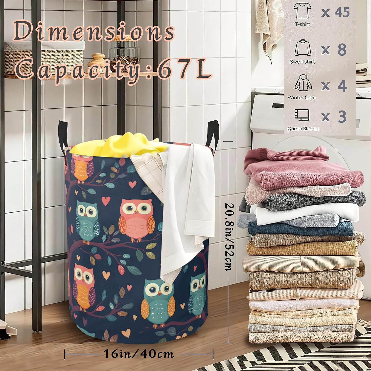 Cute Owl Laundry Basket,Foldable Oxford Cloth Laundry Hamper with Handles Waterproof Dirty Clothes Storage Basket for Bathroom Bedroom Dorm Room 16" x 20.8"