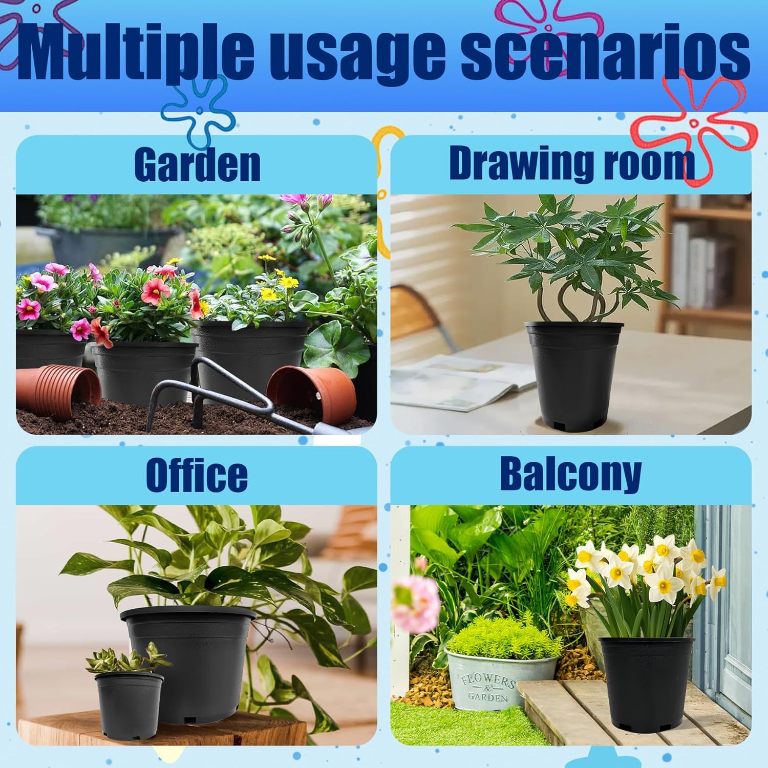 2 Gallon Pots for Plants Plastic Nursery Pots with Drainage Holes Garden Flower Pots Suitable for Cuttings Flowers Succulents Transplanting Seedlings Home Garden 10Pcs
