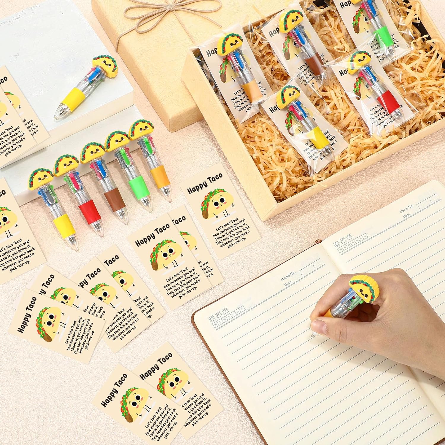 Sayglossy 24 Sets Taco Party Favor Pens Gift Bulk, 4-in-1 Multicolor Ballpoint Pen with Positive Cards for Mexico Taco Lover Funny Employee Coworker Appreciation Office Gift