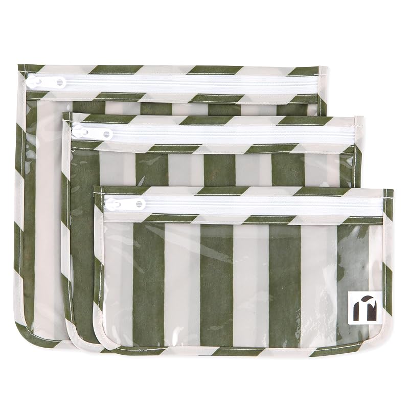 Necessaires de viagem Bumkins Roamio com laterais transparentes, fechamento com zíper, conjunto com 3 tamanhos, Green Stripe