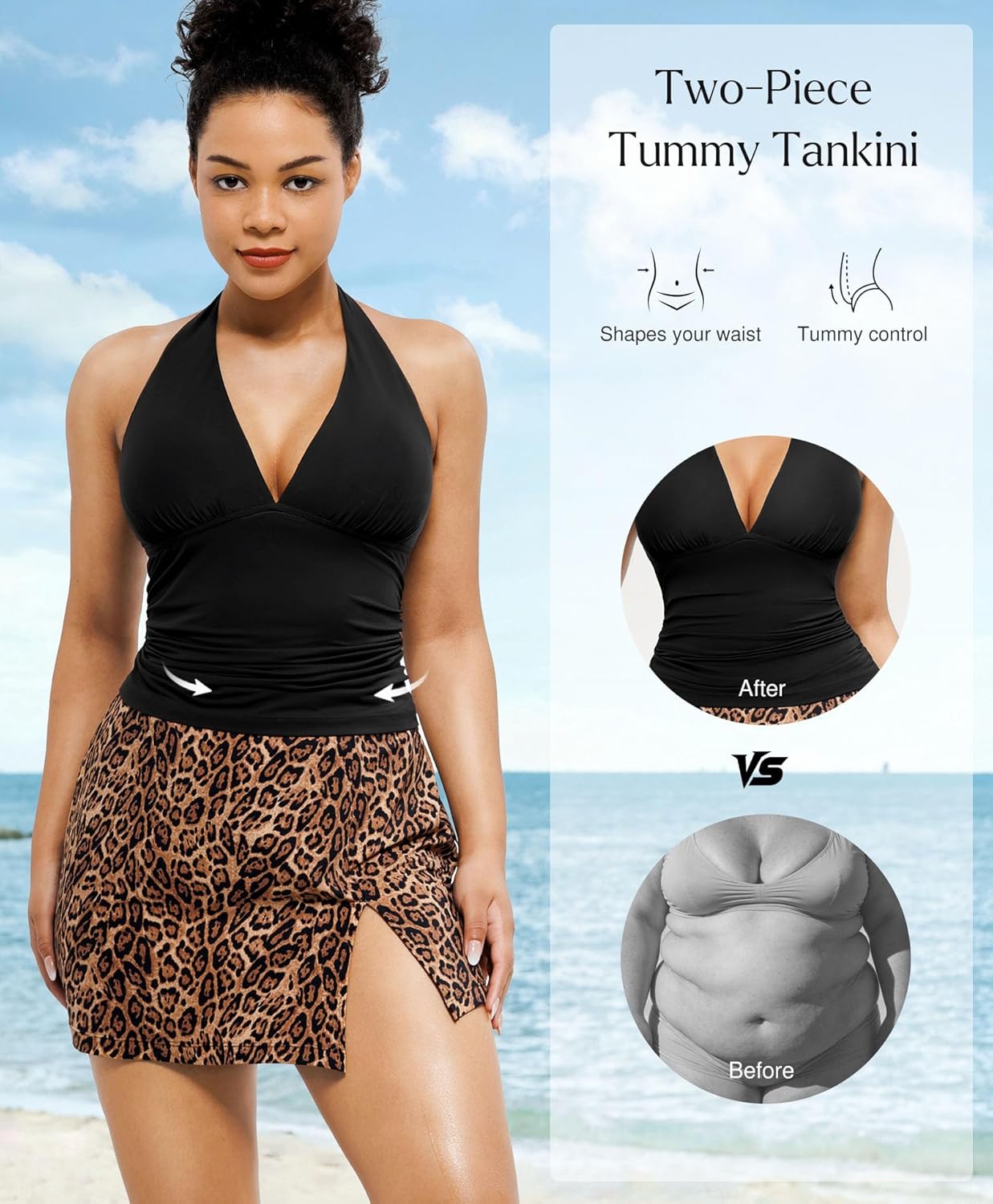 Popilush Womens Tankini Bathing Suits - with Skirt Two Piece Tummy Control Shapewear Swimsuits Halter Ruched Swimwear - Image 2