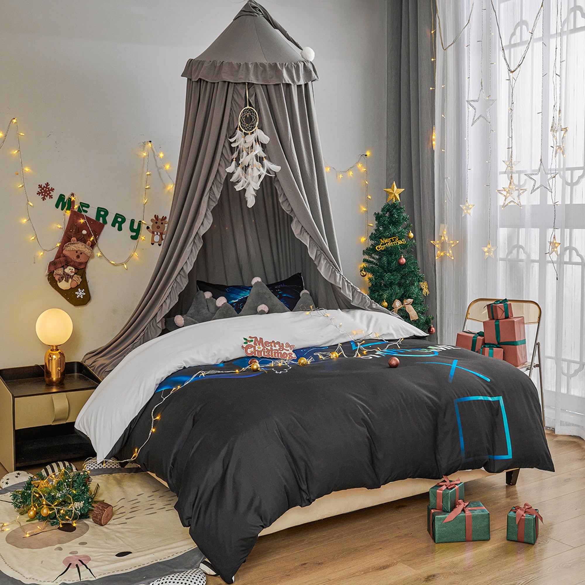 Baldaquin de lit pour Filles Princesse Dôme Rond Enfants Moustiquaire rêveuse Linge de lit Chambre de Filles Château Tente de Jeu Maison Suspendue Décor Niche de Lecture Baldaquins(Gris)