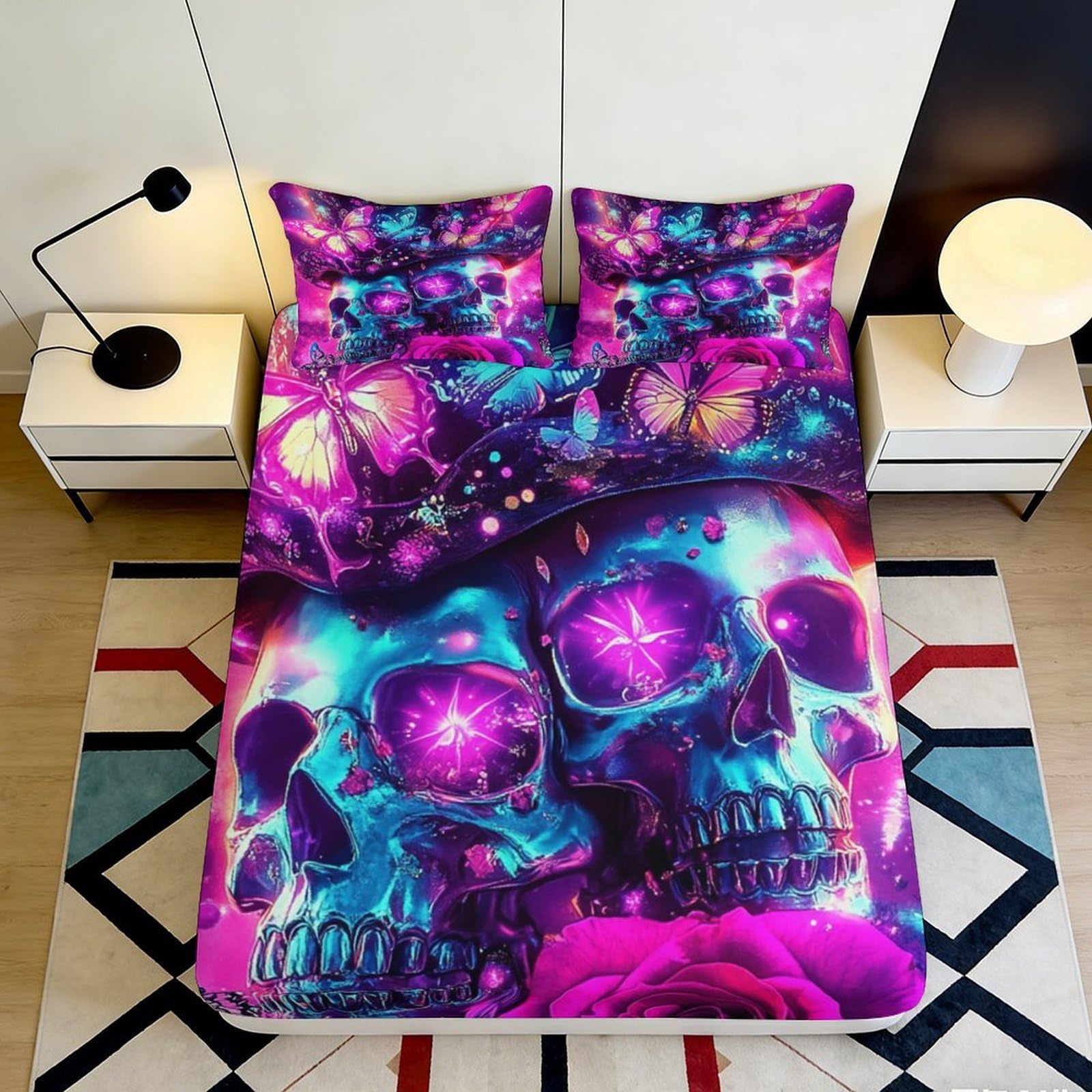 Dhbaneiok Style-8 3D Printed Neon Skull Fitted Sheet Microfiber Soft Anti-Slip Cosmic Skeleton Mattress Cover For Bedroom Dorm Decor 90X200x25cm