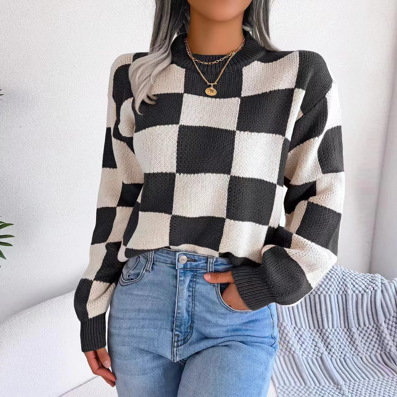 Women's Color Block Checkered Crew Neck Long Sleeve Y2K Plaid Knitted Pullover Sweater Tops Vintage Preppy Style Knitwear - Image 4