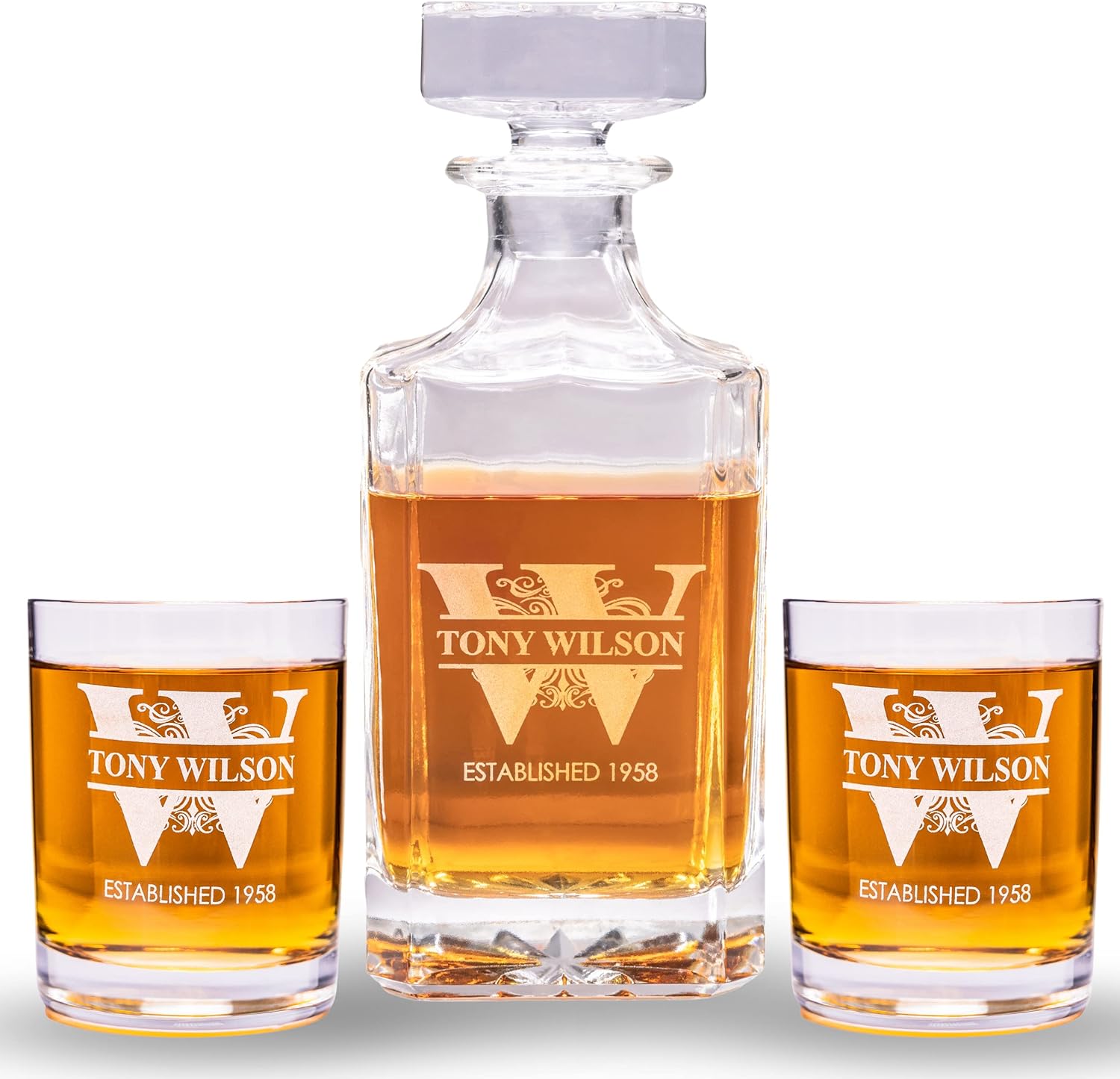Personalized Whiskey Decanter Set Engraved Glass Cups Drinking Glasses Set of 2