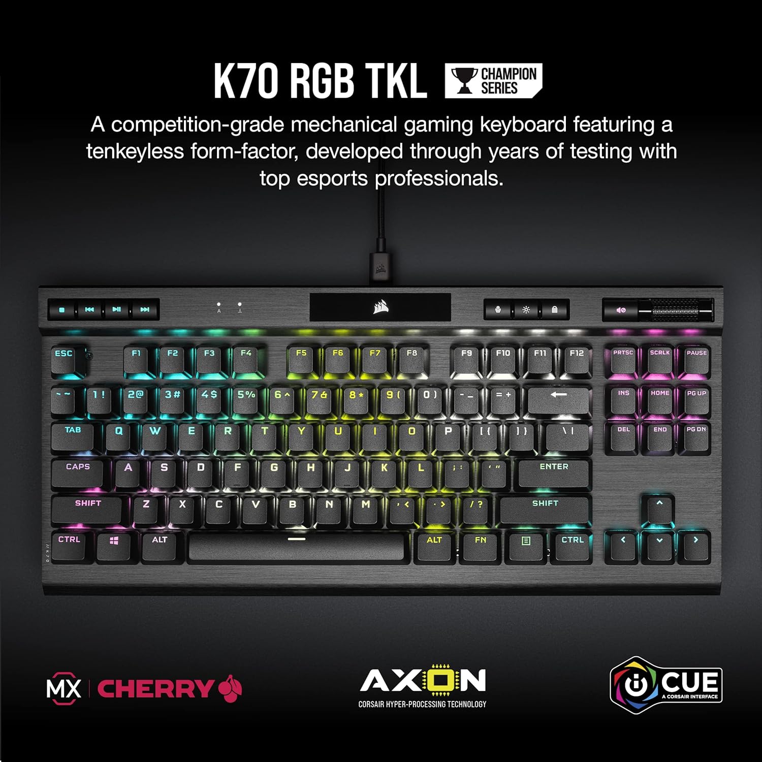 CORSAIR K70 RGB Tenkeyless Mechanical Gaming Keyboard - CHERRY MX SPEED Switches, Aluminum Frame, Per-Key RGB Backlighting, Detachable USB-C Cable