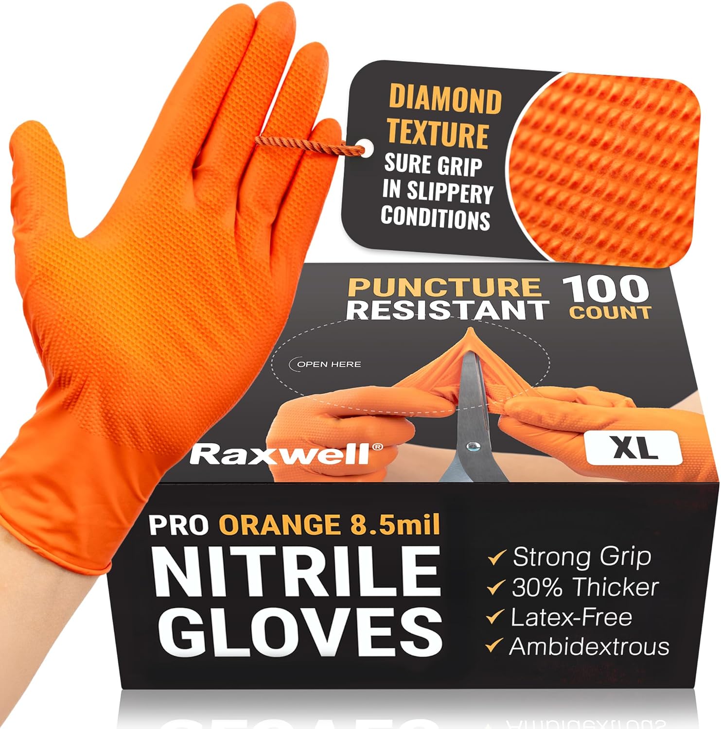 Raxwell Orange Nitrile Gloves 8.5 Mil - Powder-Free Puncture-Resistant Protection - Diamond-Texture Work Gloves with Grip
