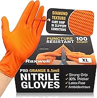 Raxwell Orange Nitrile Gloves 8.5 Mil Powder-Free - Puncture-Resistant Diamond Grip Work Gloves for Mechanics