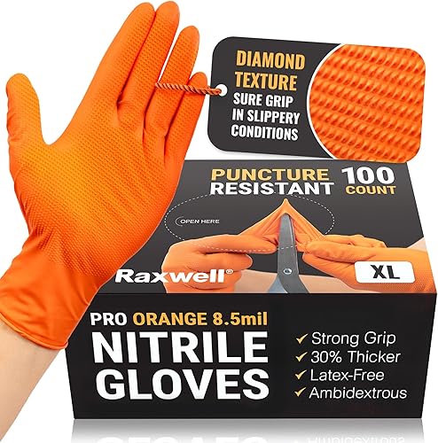 Raxwell Disposable Orange Nitrile Gloves  8.5-mil Heavy Duty Diamond Grip Gloves  Latex & Powder Free, Puncture Resistant