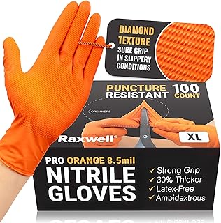 Raxwell Orange Nitrile Gloves 8.5 Mil - Powder-Free Puncture-Resistant P...