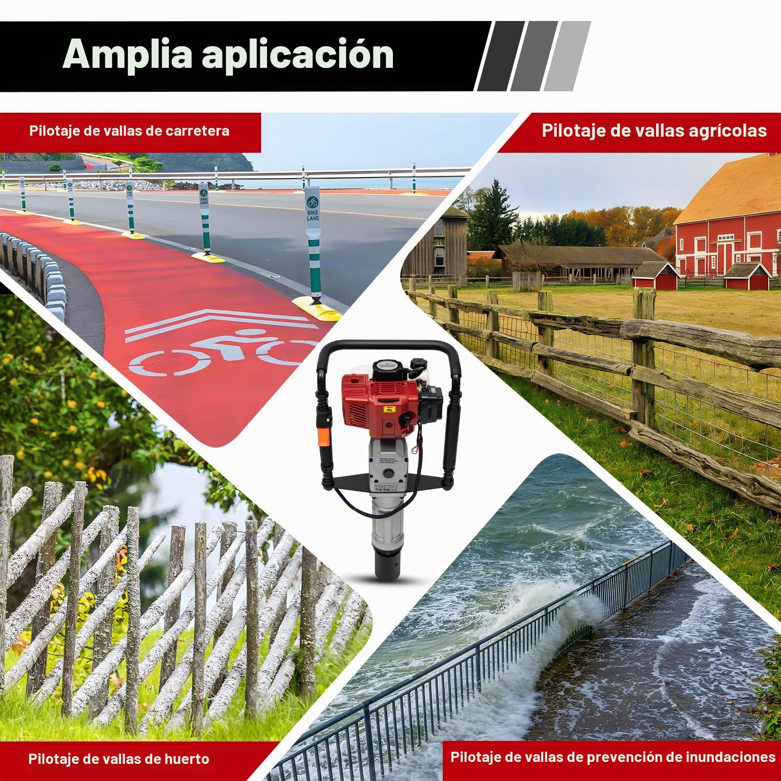 Clavador de Postes 2 tiempos T Post Controlador de Postes de Gas Martillo de postes con 2 Cabezales de Conducción 55/70mm para Cercas Agrícolas, Ranchos, Mejoras de Carreteras