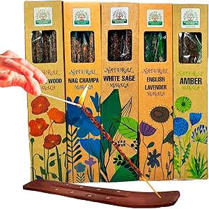 PROZENATUR Incienso Natural, Incienso Orgánico sin Tóxicos, Incluye: Salvia Blanca, Sándalo, Ámbar, Lavanda y Nag Champa (30Gramos),Inciensos Naturales, Hecho a Mano y Aromaterapia+Quemador(1)