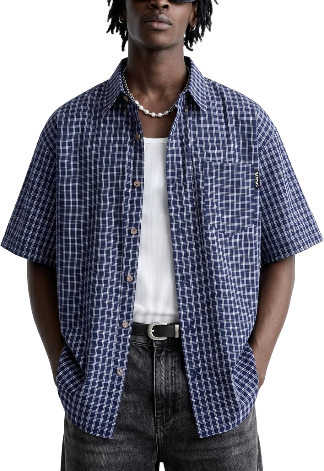Vamtac Mens Button Down Shirts Classic Plaid Short Sleeve Dropped Shoulder | Streetwear, Dropped-Shoulder, Oversized fit, Cotton, Summer, Vintage, y2k, Short Sleeve, Moisture-wicking, Color-blocking