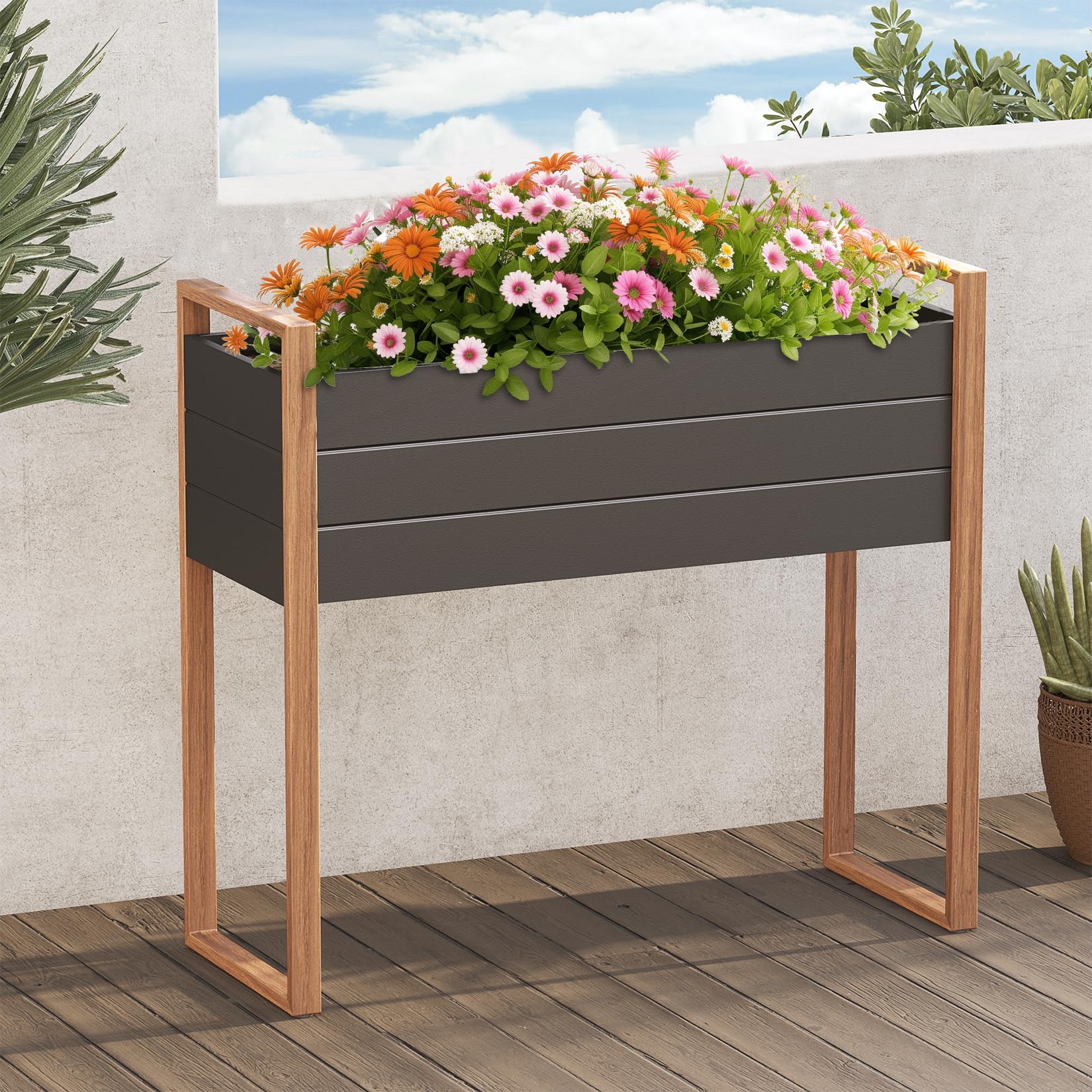 Grand patio Raised Garden Bed with Legs, Metal Elevated Planter Box with Woodgrain Finish, 39×15×36 Inch Outdoor Raised Garden Planter for Vegetables Flowers Fruits Herb, 660lb Capacity
