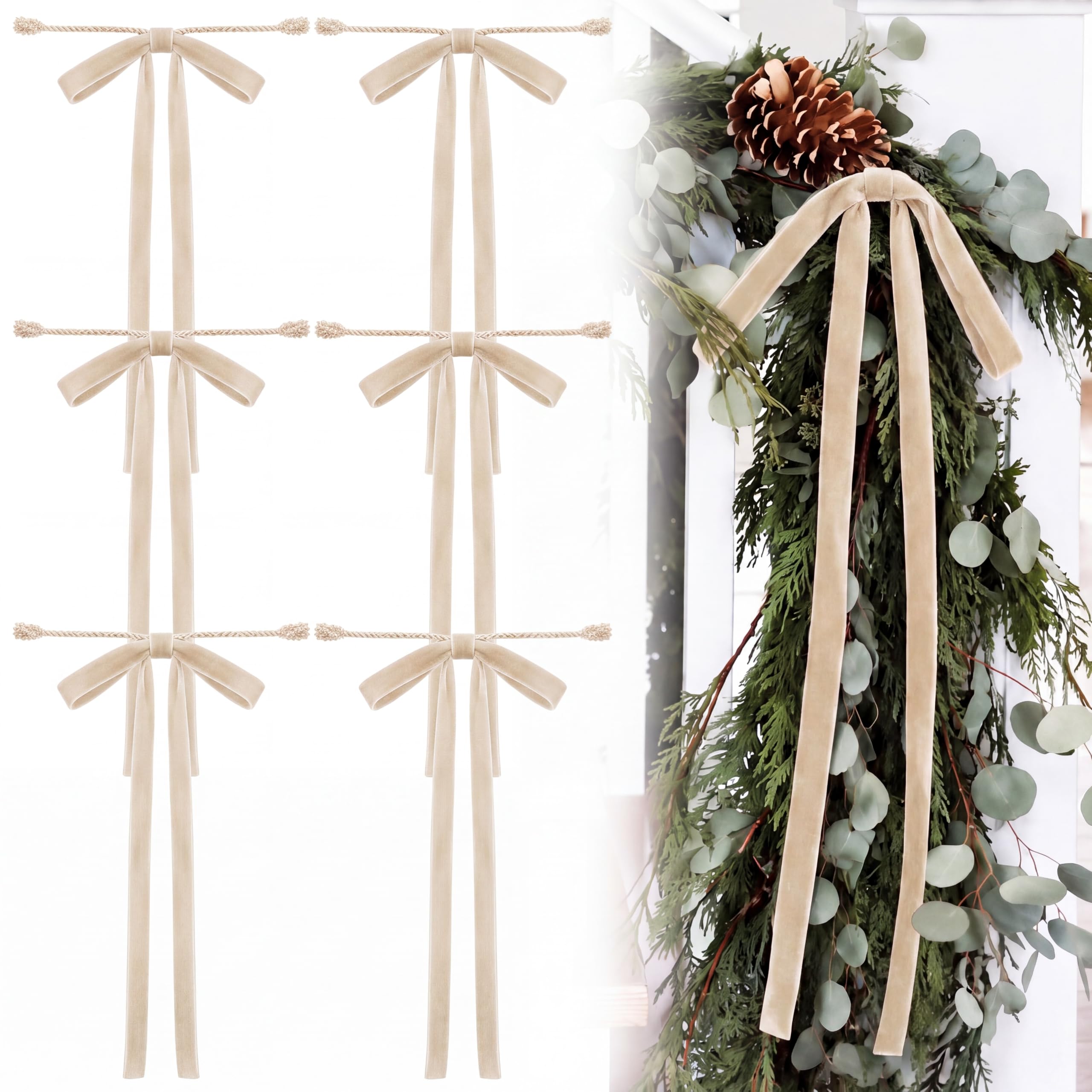 16 Pcs 20" Christmas Garland Twist Ties Beige Velvet Bow for Banister Decor