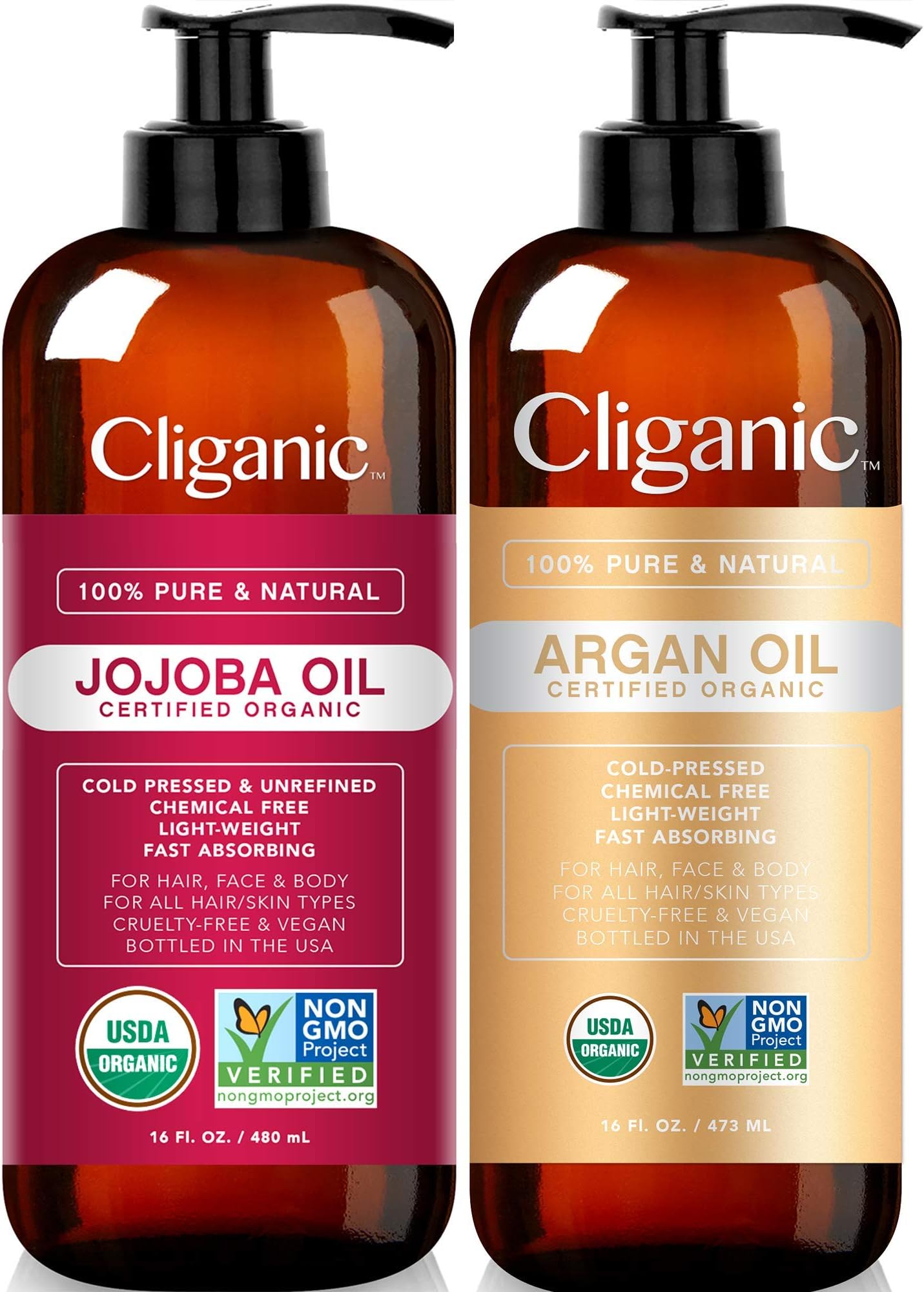 Organic Carrier Oil Duo - Jojoba Oil 16oz and Argan Oil 16oz