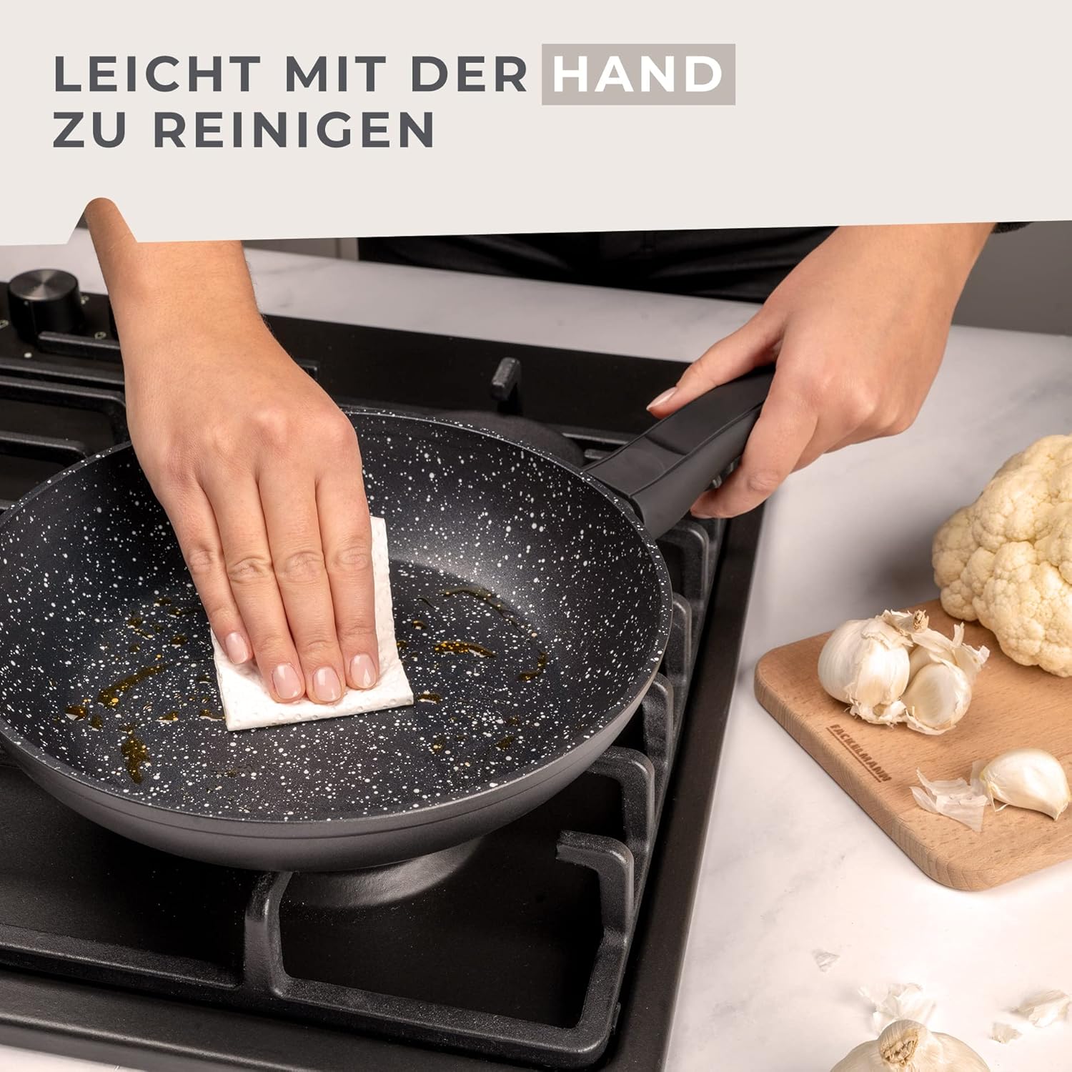 FACKELMANN Marble 28 cm Non-Stick Frying Pan Made of 90% Recycled Aluminium with Ergonomic Plastic Handle, Large Induction Pan for Cooking & Searing, White