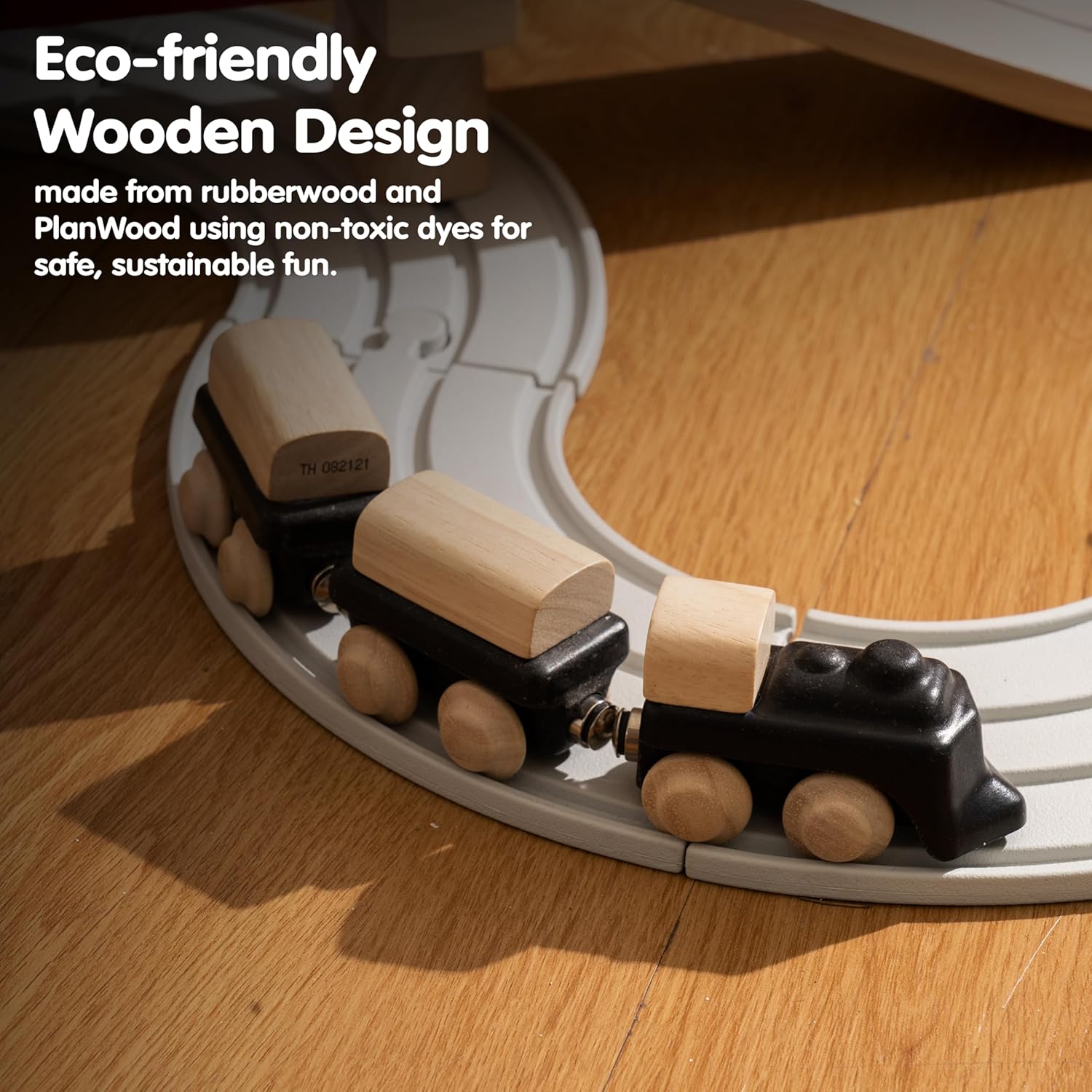 PlanToys® Classic Train Wooden Montessori Vehicle Toy | Early Movement, Imagination and Practical Life Exploration | Eco Friendly Train Set for Indoor and Outdoor Play
