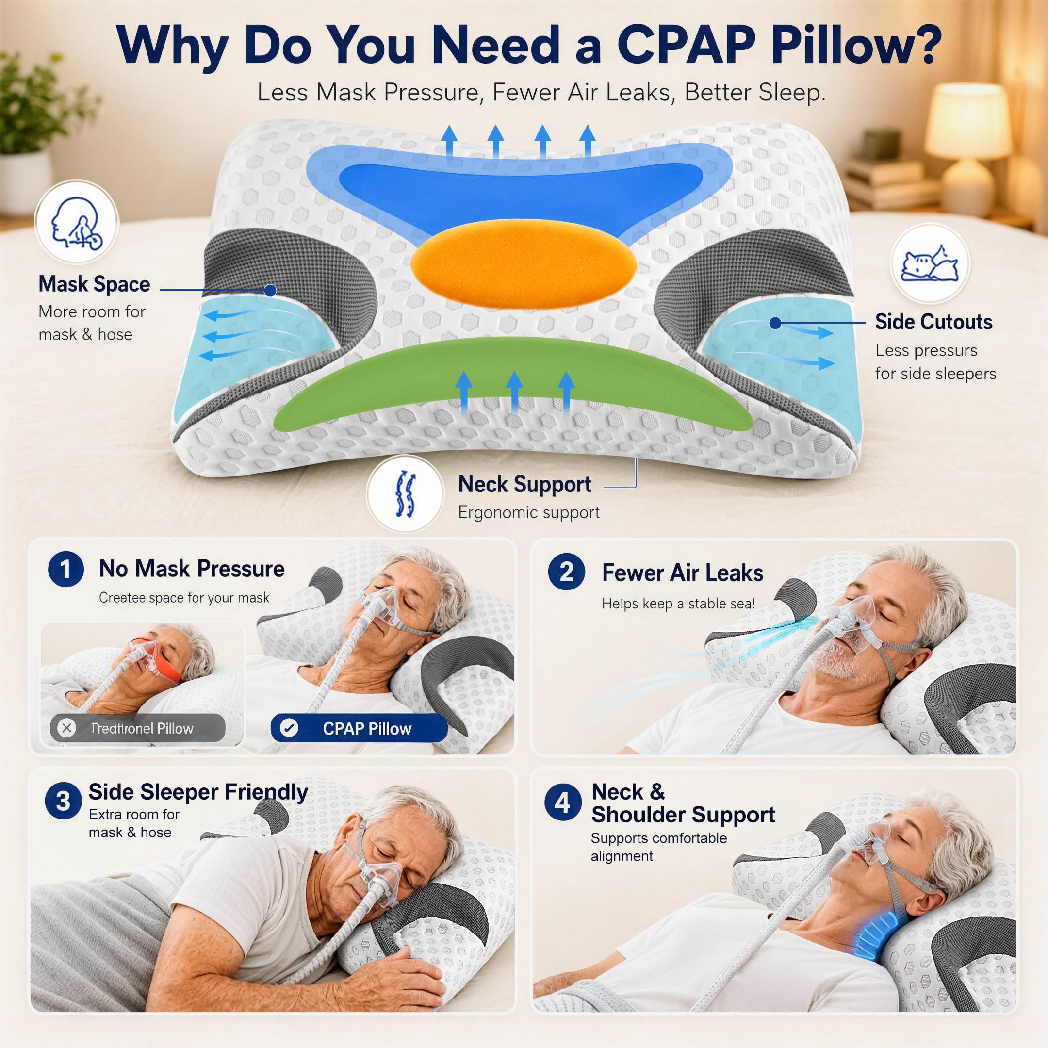 ZLYSYCM Cuscino in Memory Foam per Chi Dorme di Lato, Cuscino per Apnea Notturna, Adatto a Tutte le Maschere CPAP, Supporto per il Collo, King Size