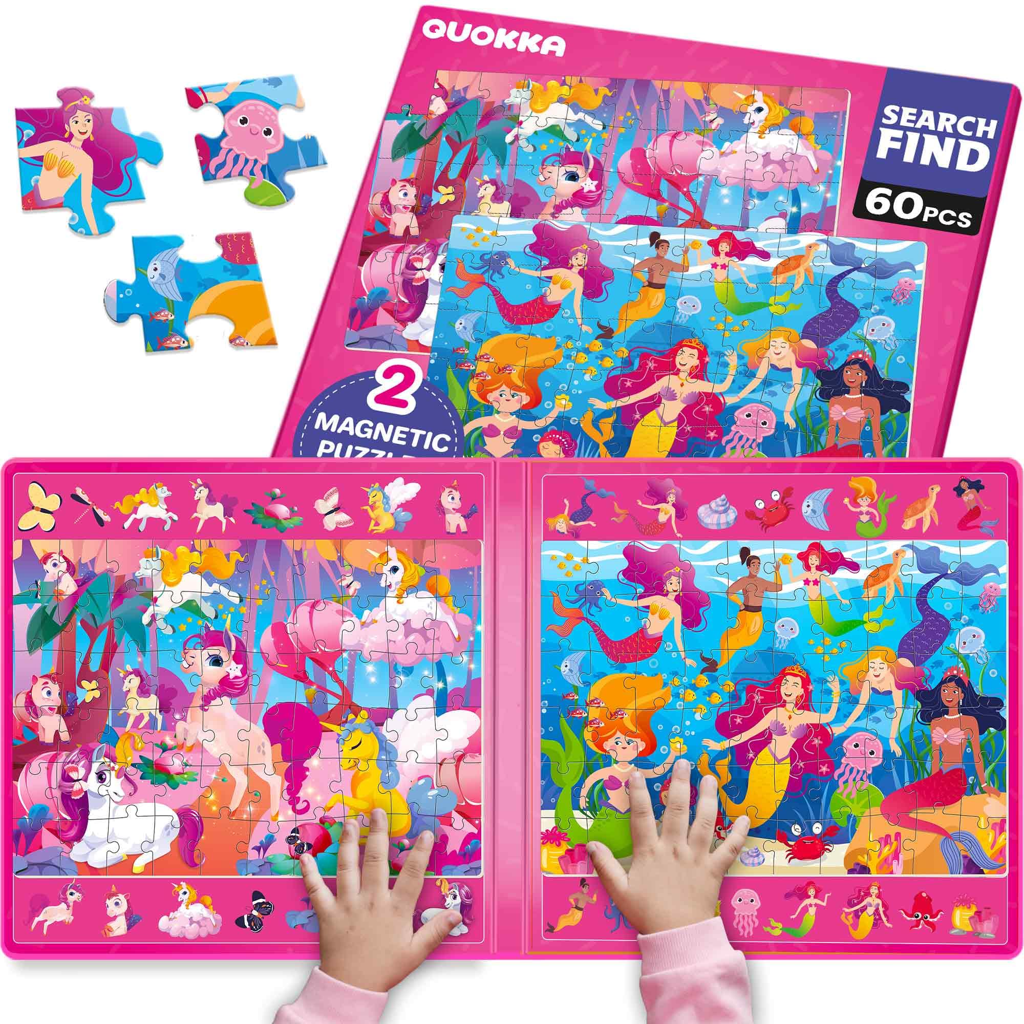 QUOKKA Magnetic Puzzles For 3 4 5 Year Olds - Search & Find 2 Pack 60 Pieces Each - Travel Toy Activities For Kids With Hidden Objects, Mermaids and Unicorns Scenes - Educational Jigsaws For 6 7 yo