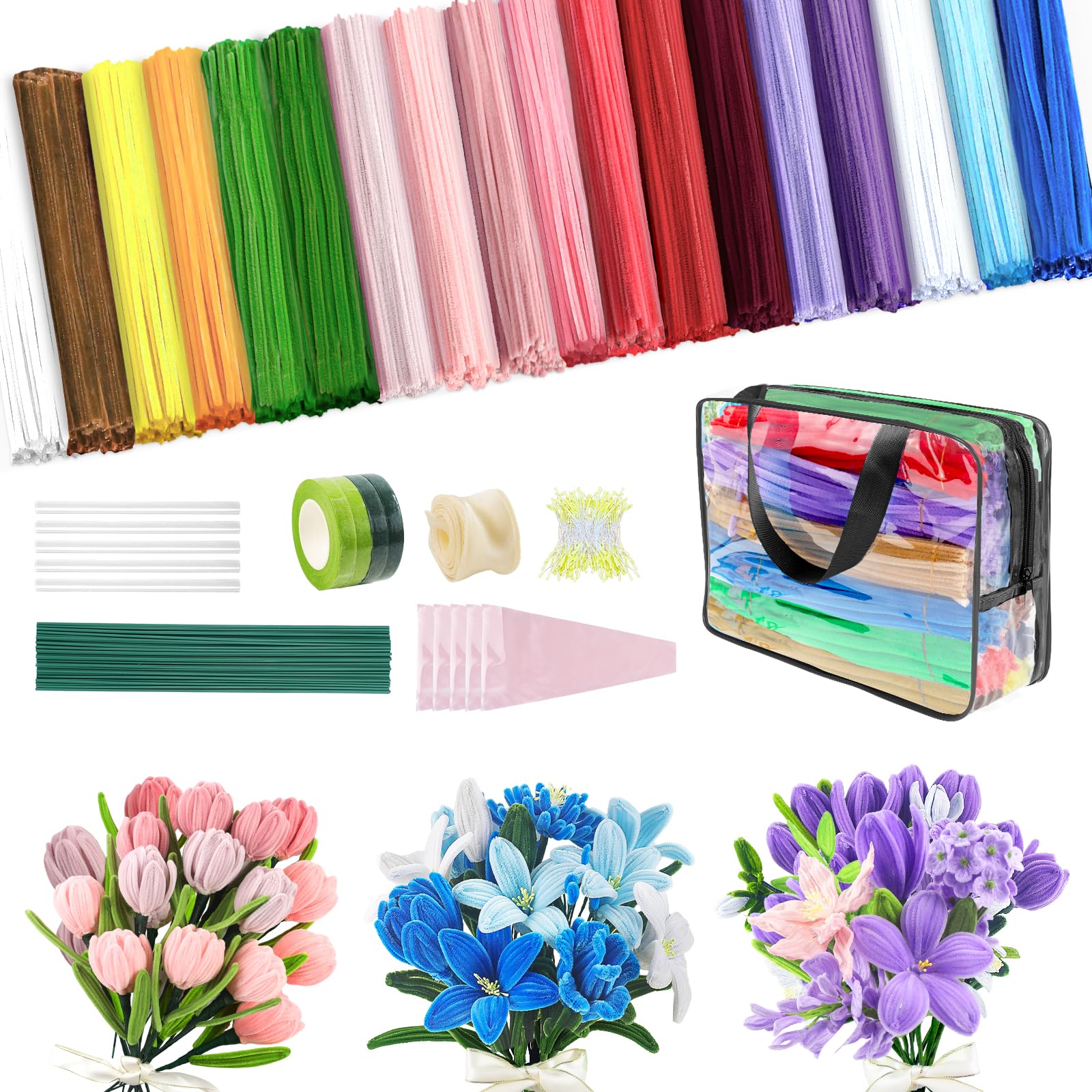 1000 PCS Pipe Cleaners Craft,Pipe Cleaners Flowers Kit with Handle