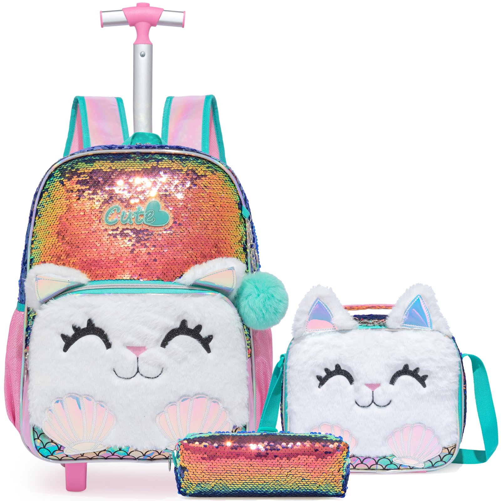 Mochilas Escolares con Gatos Ruedas Carro Niña 17" 3PCS Mochila Carrito para Trolley Escolar Bolso Viaje Estuche Stitch Mujer Maleta Colegio Grande Medianas Infantil Niñas Peluche Champán