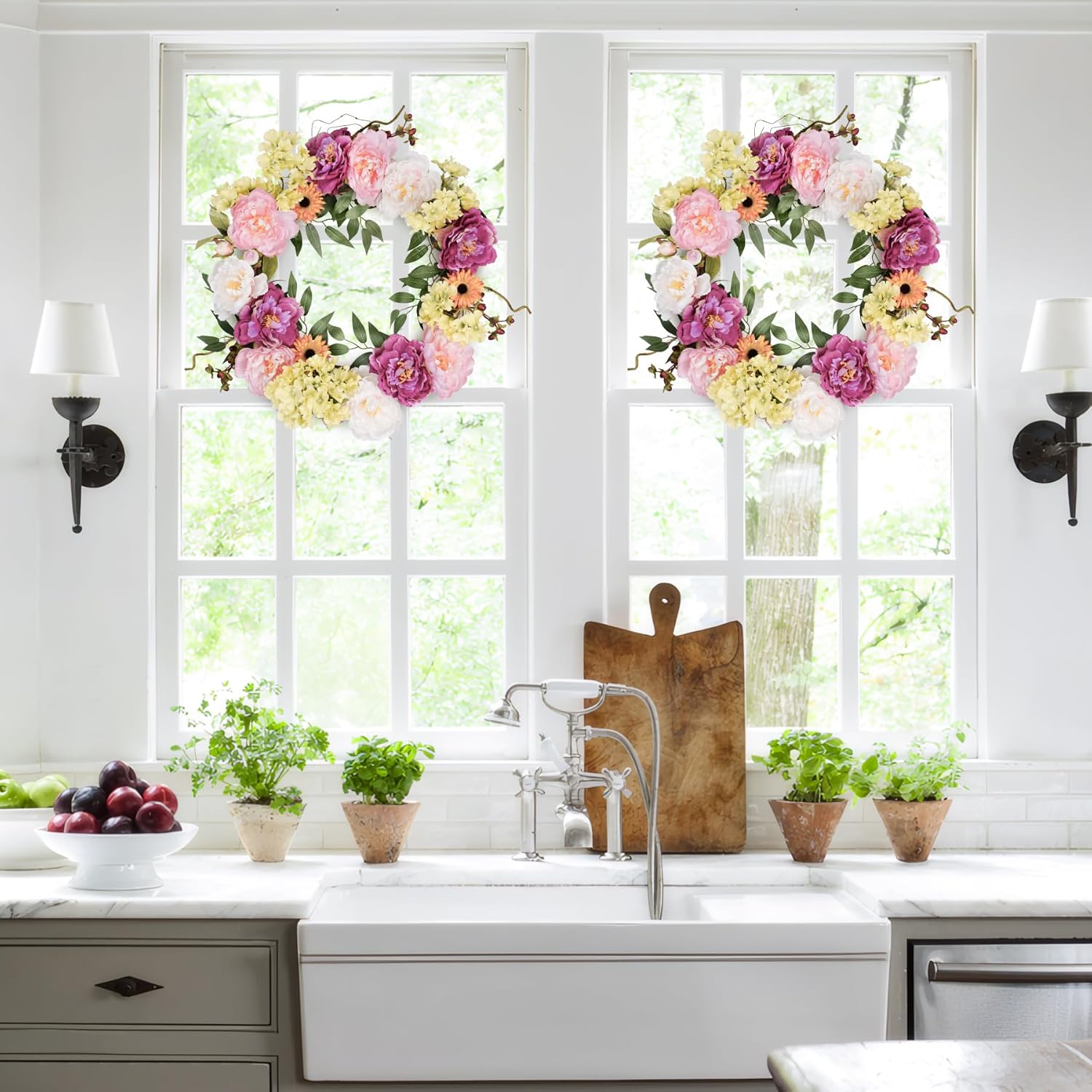 24in Peony Wreaths for Front Door, Large Spring Summer Floral Door Wreath with Hydrangea, All Year Round Colorful Flower Wreath for Farmhouse Wall Welcome Indoor Outdoor Decor (Twig Base)