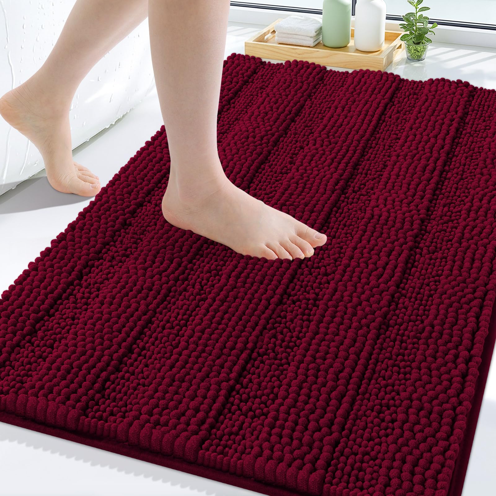 Grandaily Chenille Bathroom Rugs 30x20, Soft Absorbent Bath Mats, Wine Red