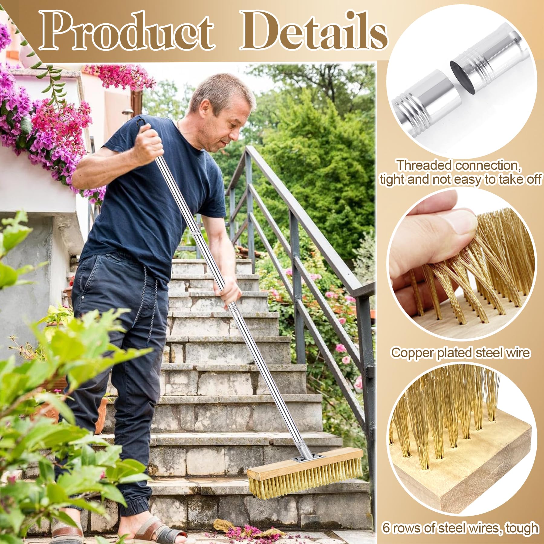 TZEKING Scopa Metallica per Giardino con Manico 150cm, Spazzola con Setole Metalliche Rigide 30cm,per Muschio e Macchie Ostinate