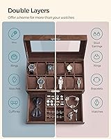 Vista 45 de SONGMICS Caja de reloj, organizador de 20 ranuras para reloj con tapa de vidrio grande, almohadas extraíbles, cerradura de metal, regalo para seres