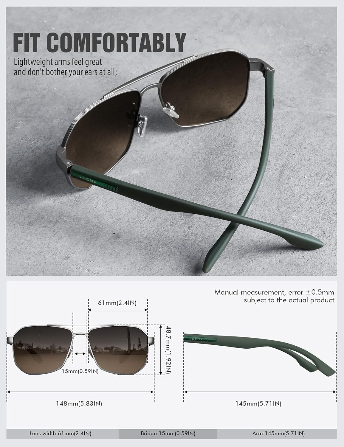 LUENX Aviator Sunglasses for Men Square Polarized Polygon Lens - UV 400 Protection with Accessories 61MM Driving Outdoor - Image 6