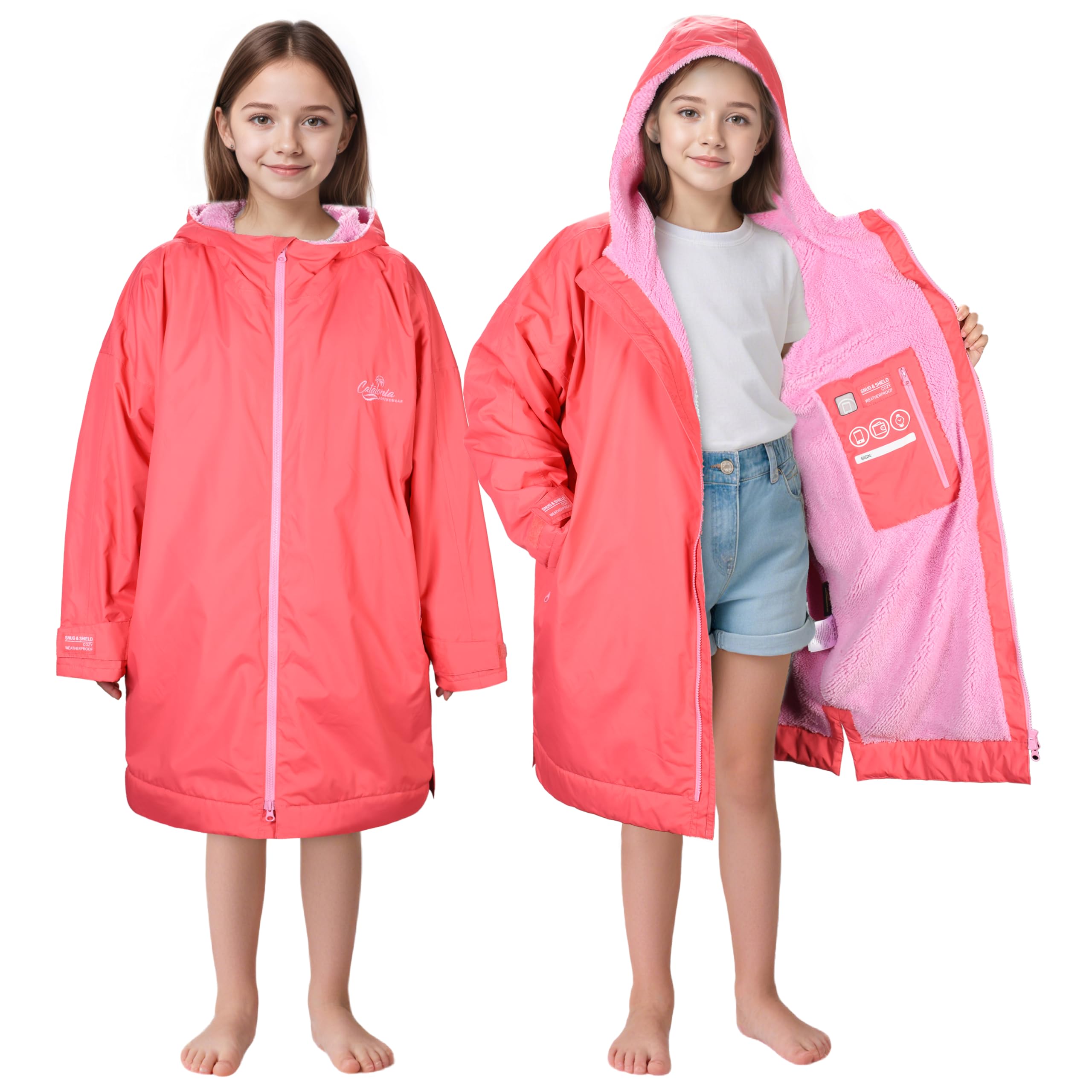 Catalonia Kids Waterproof Swim Parka with Hood, Sherpa-Lined Changing Robe