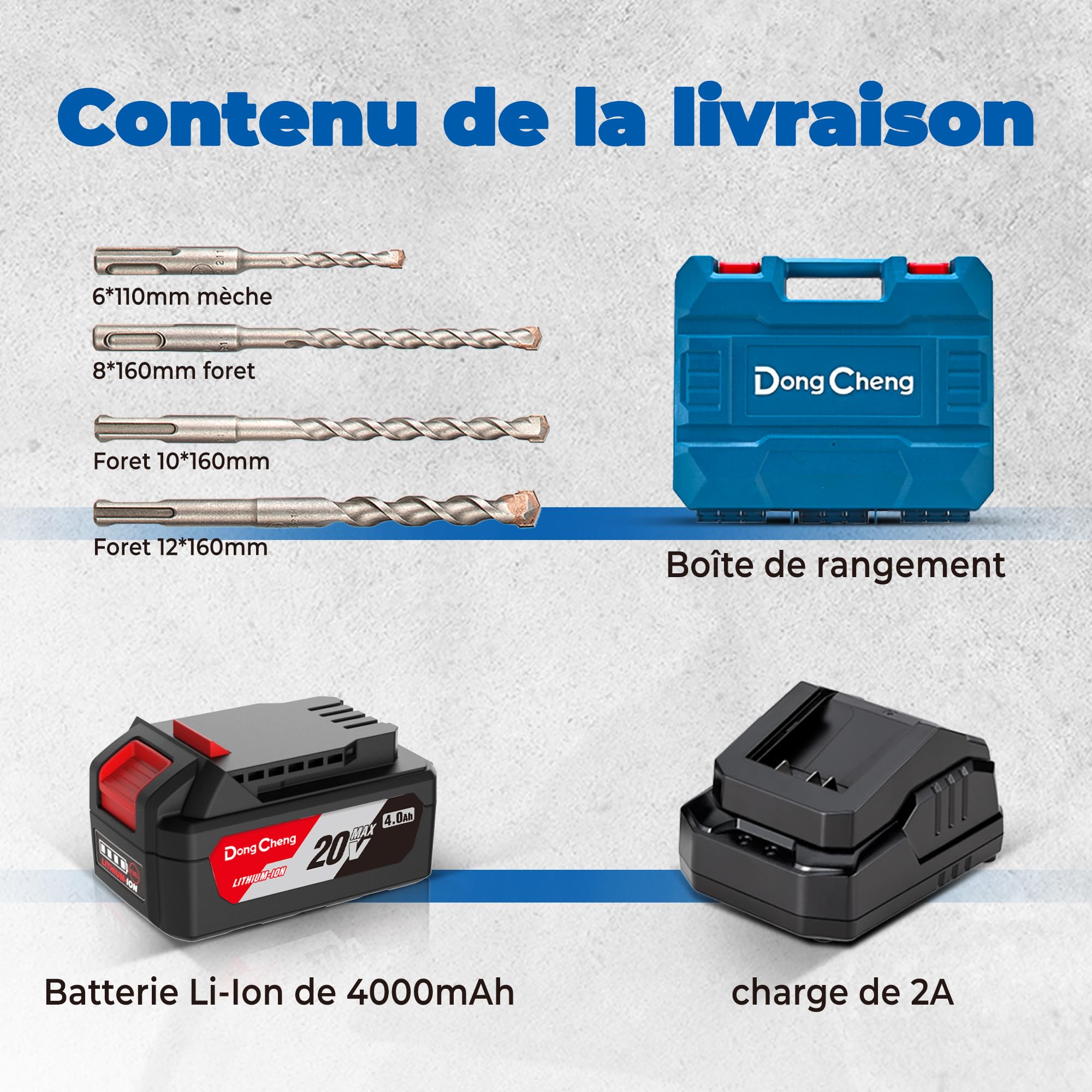 Dong Cheng Marteau perforateur sans fil 18V, énergie de frappe 2,8 J, avec 4 bits SDS-plus, diamètre de perçage maximum 28 mm, moteur de marteau perforateur sans balais, poignée anti-vibration