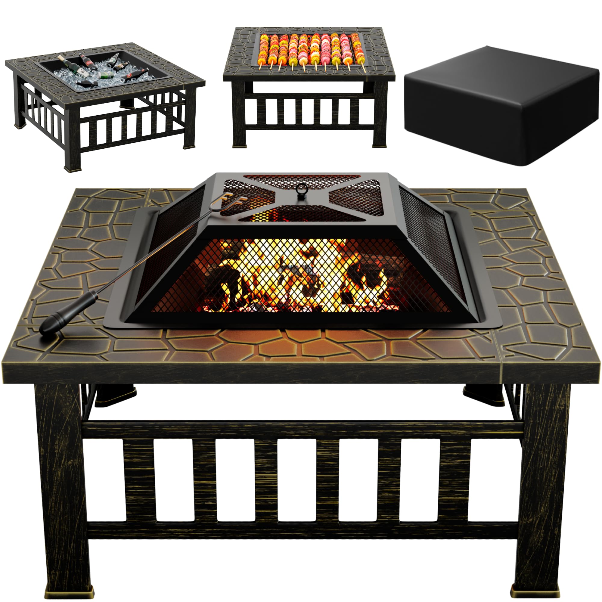 Greesum Multifunctional Patio Fire Pit Table, 32in Square Metal BBQ Firepit Stove Backyard Garden Fireplace with Spark Screen Lid and Rain Cover for Camping, Bonfire and Picnic, Copper Green