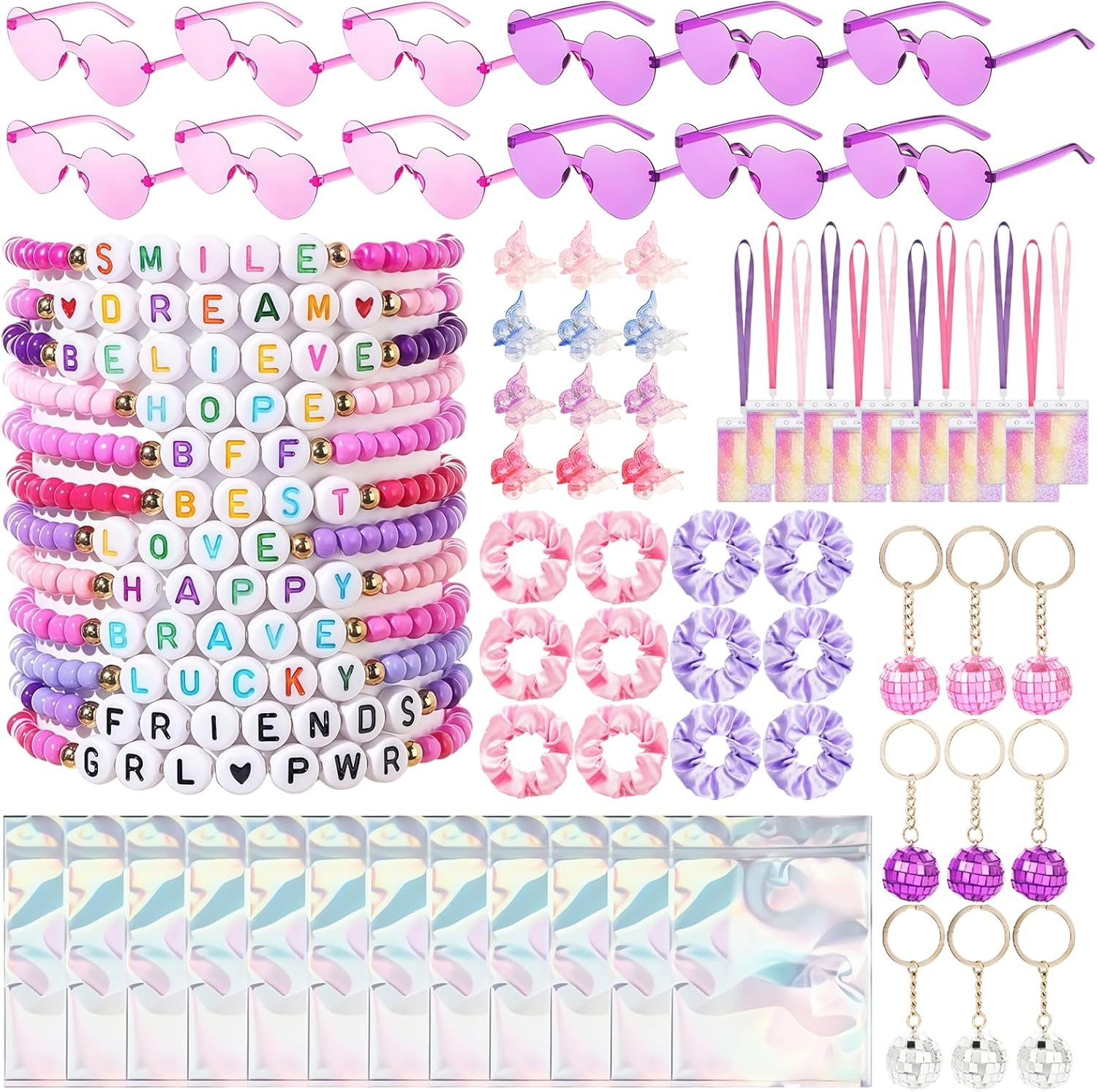 96 Pcs Kpop Party Favors, Friendship Popular Singer Party Gift with Sunglasses Bracelets Hair Ties Lanyard Card Holder Disco Keychain Kpop Goodie Bags for Women Girls Fans 80s Y2k Kpop Birthday Decor